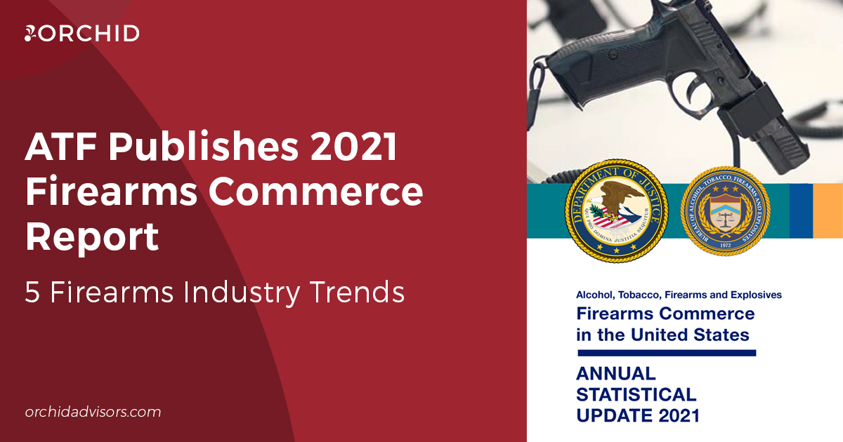 White text atop red background next to cover of ATF 2021 Report on Firearms Commerce in the U.S.