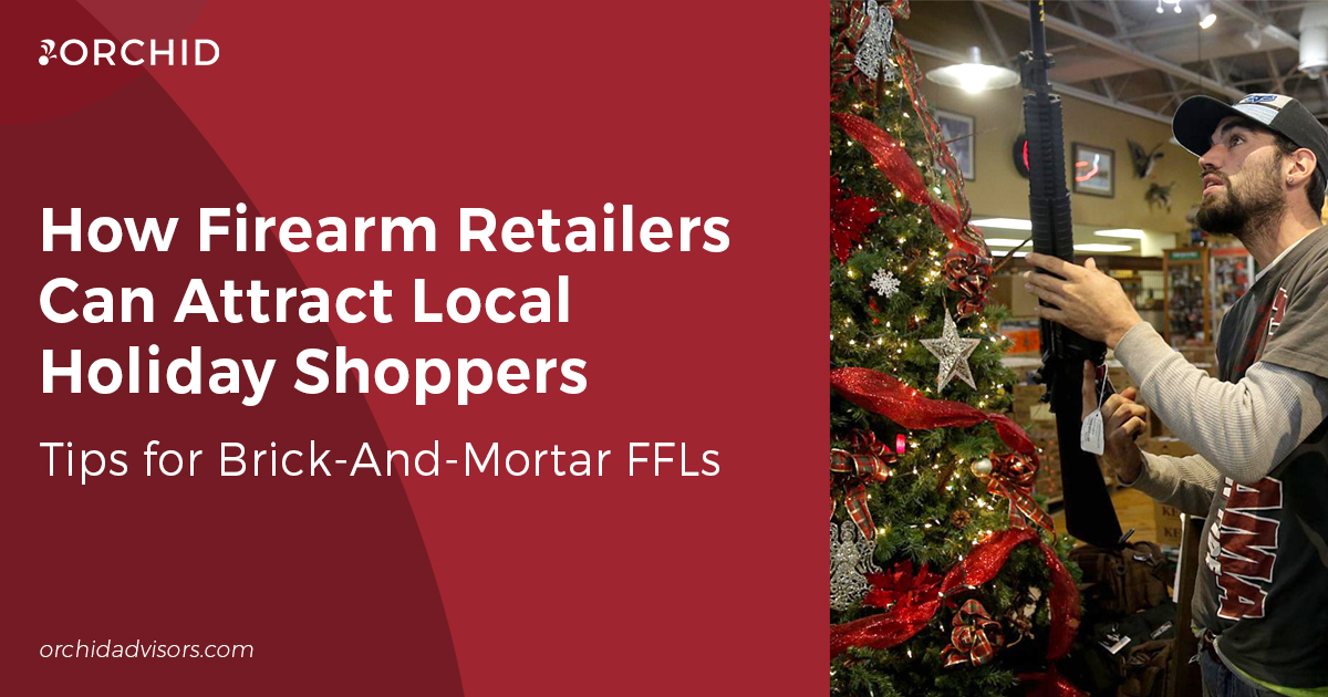 White text atop red background next to photo of customer holding a shotgun near a Christmas tree in a gun store