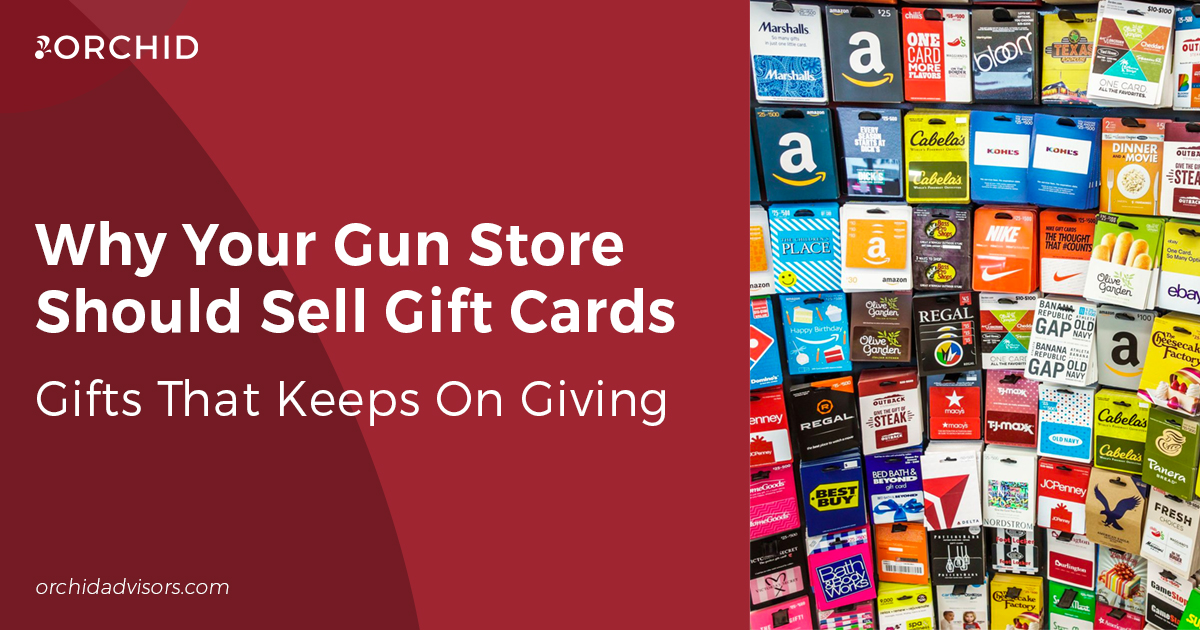 White text atop red background next to image of retail gift card rack
