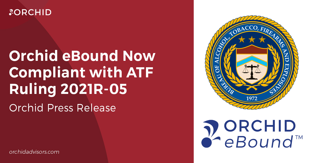 White text atop red background next to images of ATF seal and Orchid eBound logo