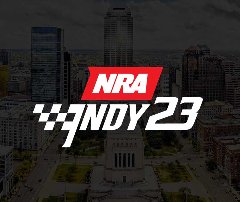 2023 NRA Annual Meetings & Exhibits logo atop black transparent background and photo of Indianapolis, IN