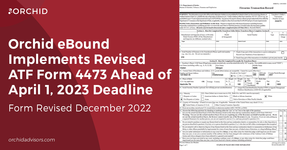 White text atop red background next to image of completed ATF Form 4473 using the revised December 2022 form